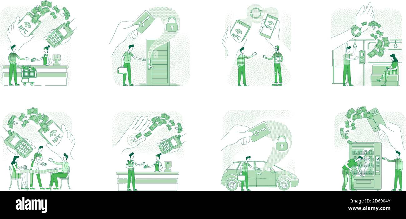 NFC technologies benefits thin line concept vector illustrations set Stock Vector