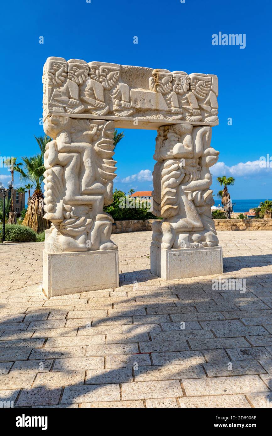 Tel Aviv Yafo, Gush Dan / Israel - 2017/10/11: Replica of ancient Egyptian Ramses II gate in Sha’ar Ra’amses Garden in Old City of Jaffa historic quar Stock Photo