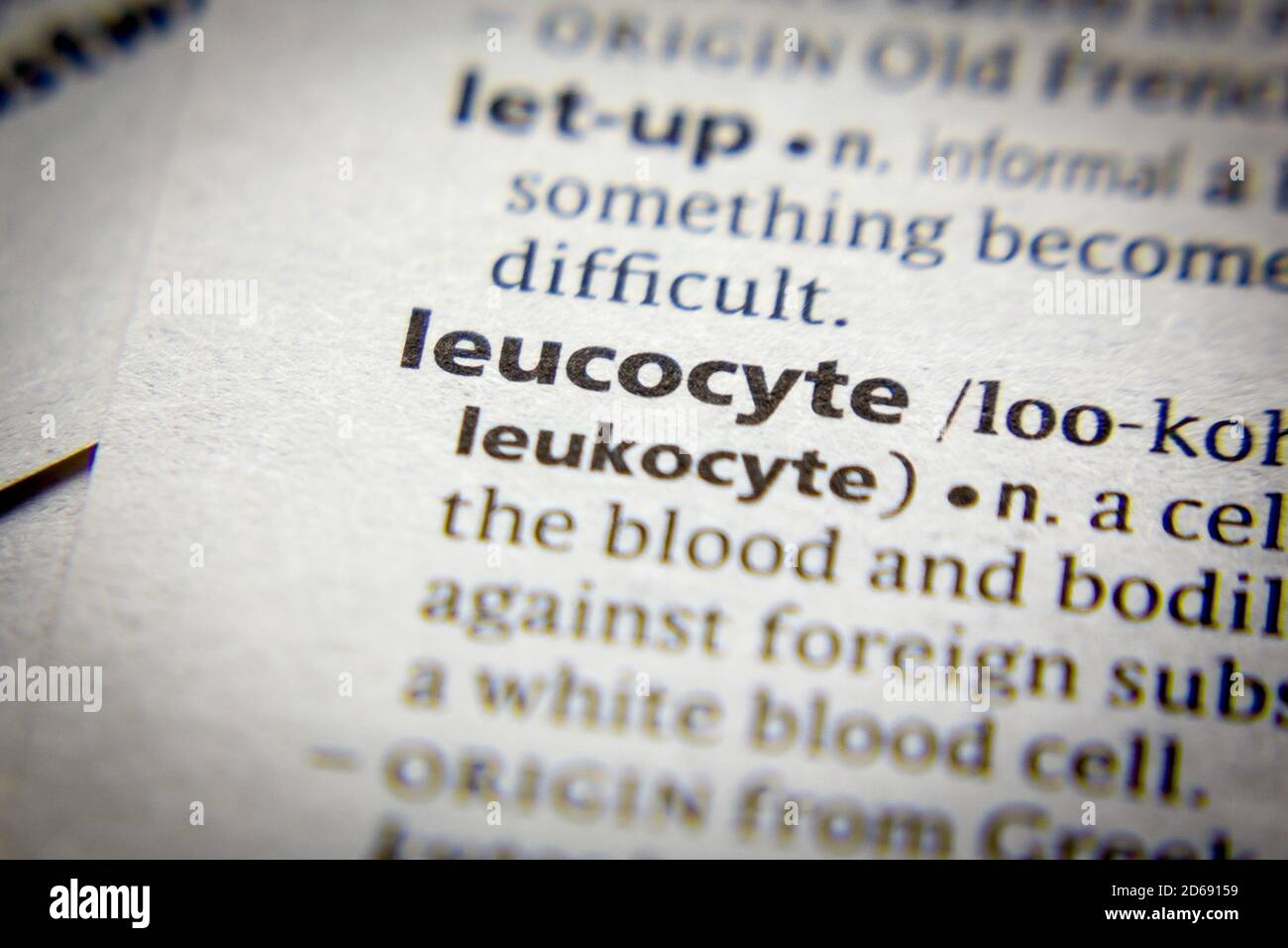Word or phrase Leucocyte in a dictionary Stock Photo
