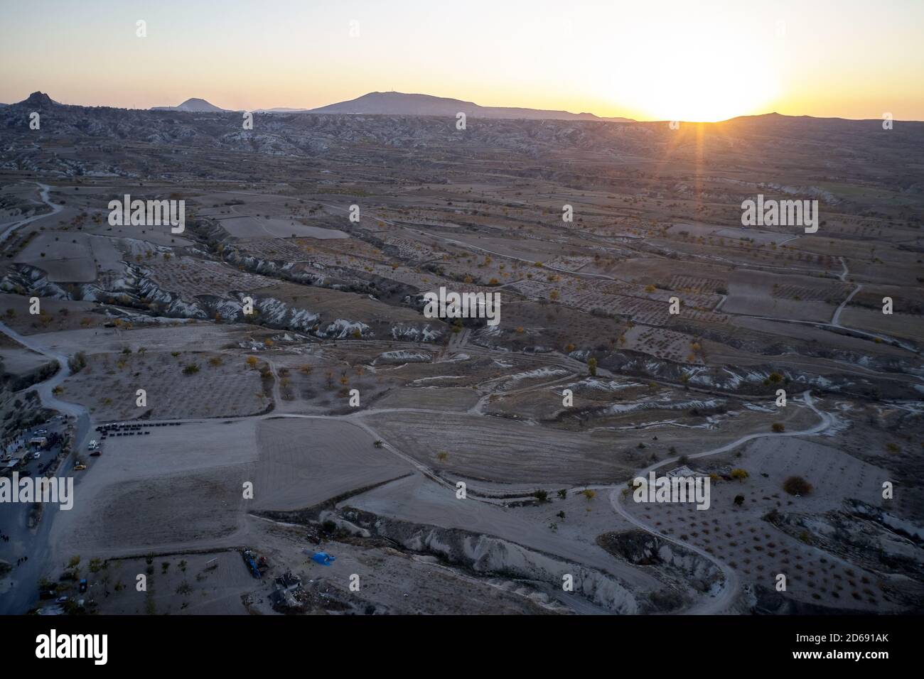 Sunset panoramic view to Goreme city at Cappadocia. Stock Photo