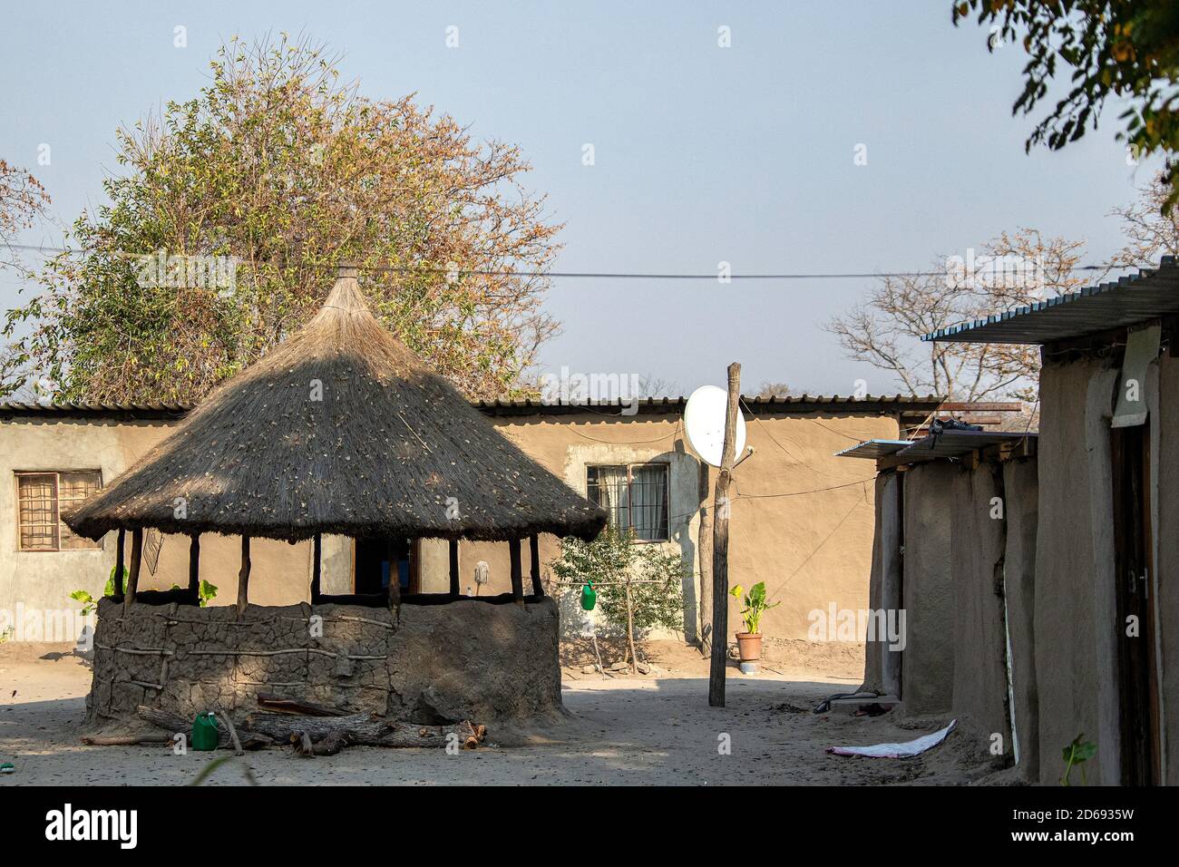 Rondavel made of timber and thatched in a village in the Kalimbeza (Kalambesa) area near to Katima Mulilo in Namibia. Stock Photo