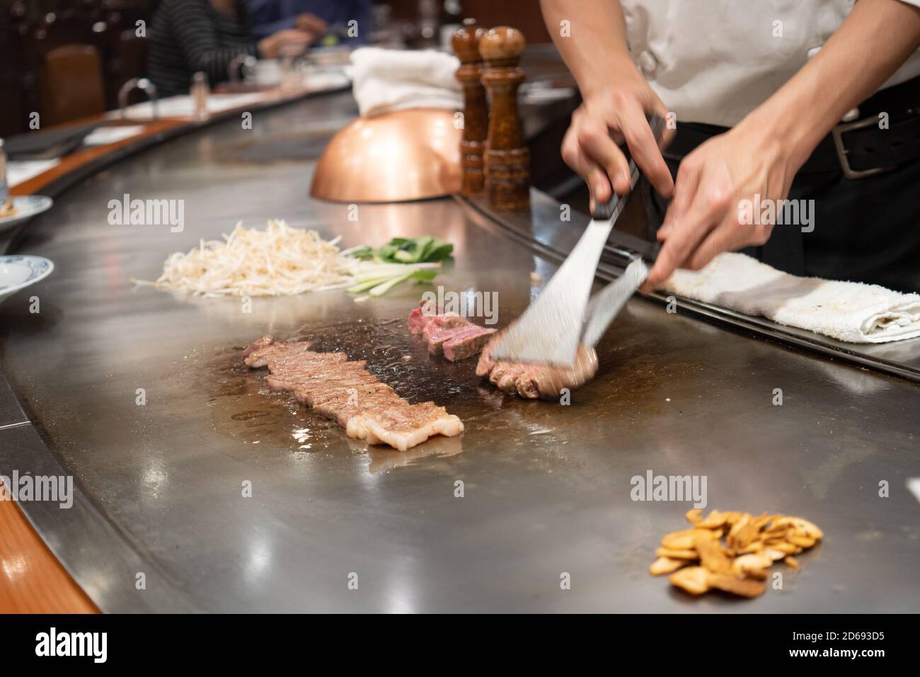 Kobe Beef Steak Japanese chef cooking Kobe Beef Steak at steakhouse Wagyu a...