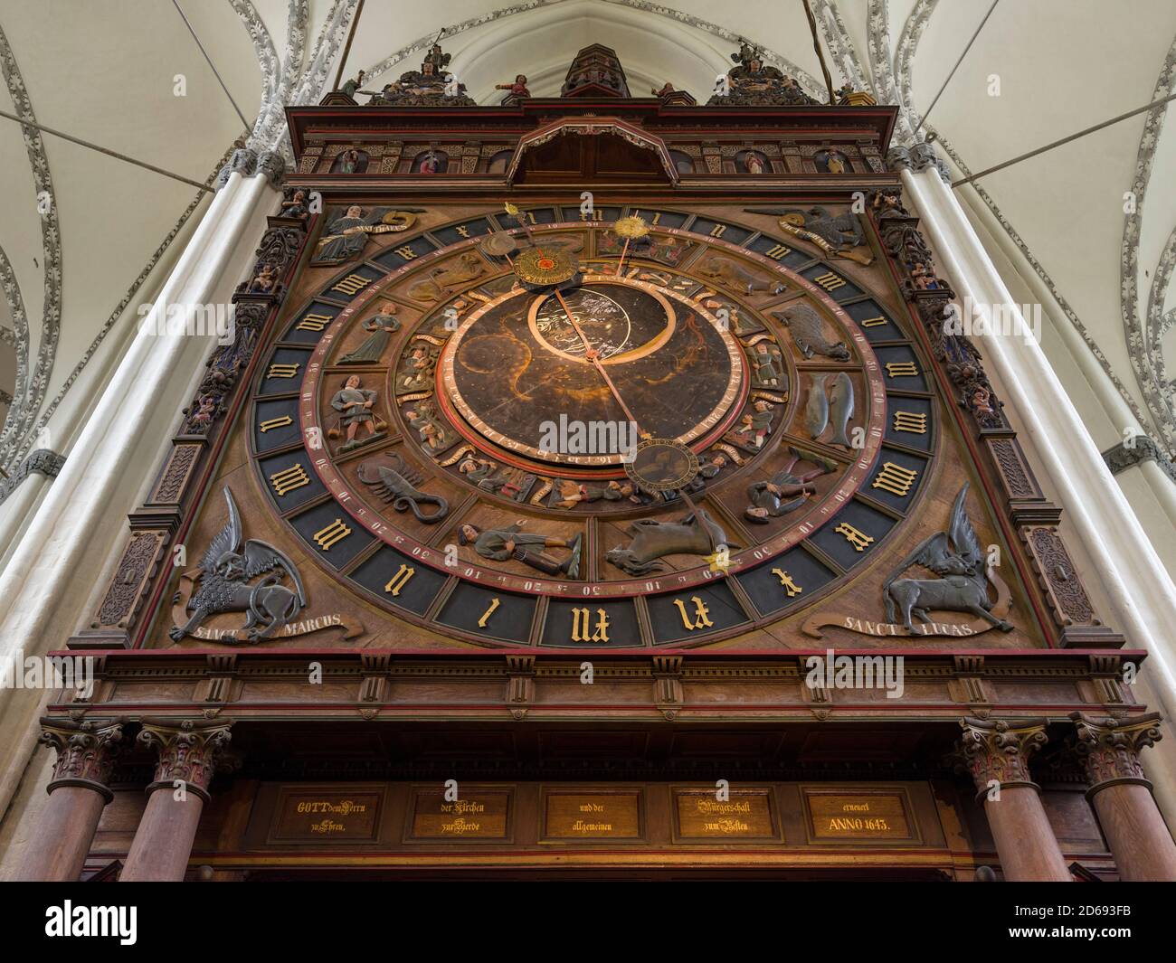 The medieval astronomic clock, the only one of its kind in good working condition. Church  Marienkirche, a landmark of Rostock.  The hanseatic city of Stock Photo