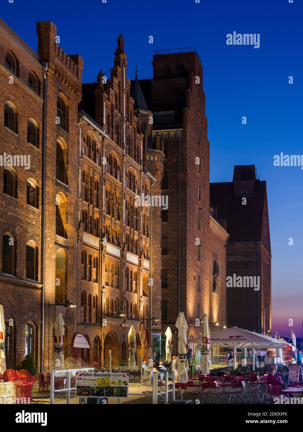 Old warehouses  in traditional brick stone architecture in the harbour, buildt in the beginning of the 20th century. The Hanseatic City Stralsund. The Stock Photo