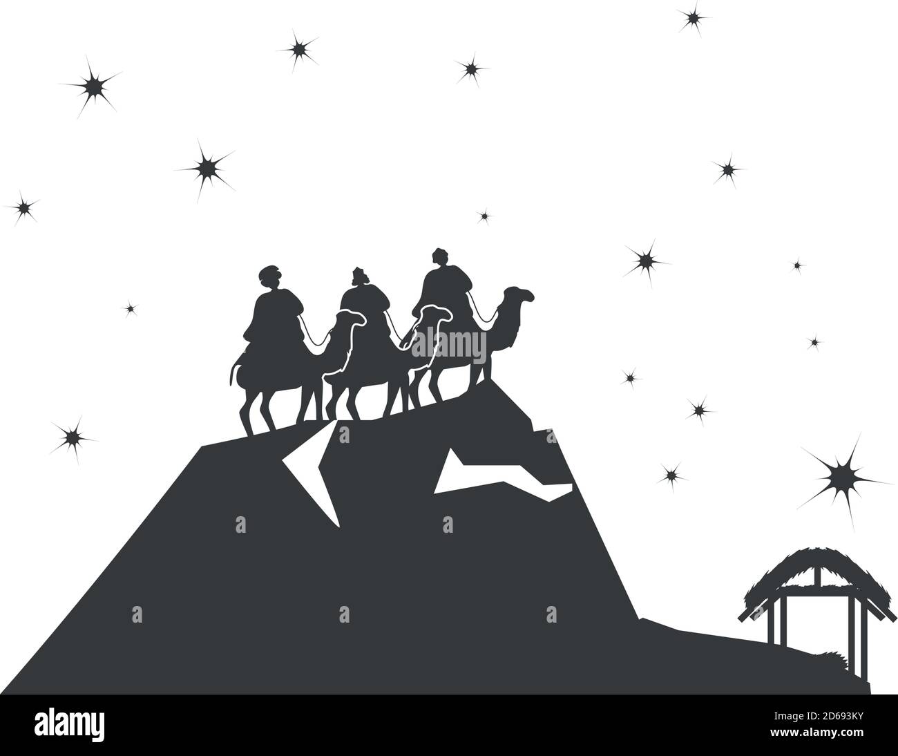 nativity, three wise men riding camels looking star, traditional ...