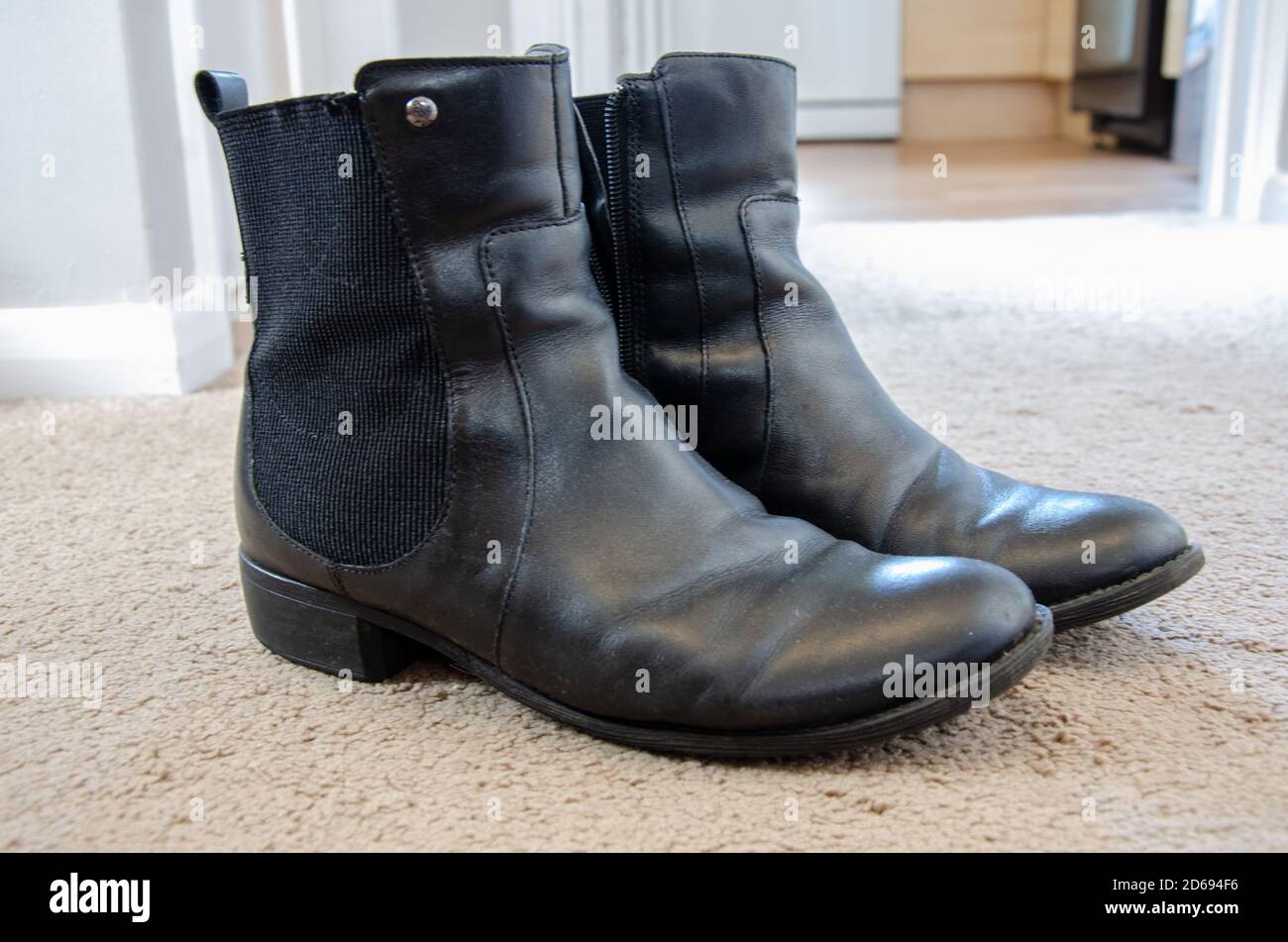 A pair of ladies' black leather ankle boots shot on a carpeted hallway floor. Stock Photo
