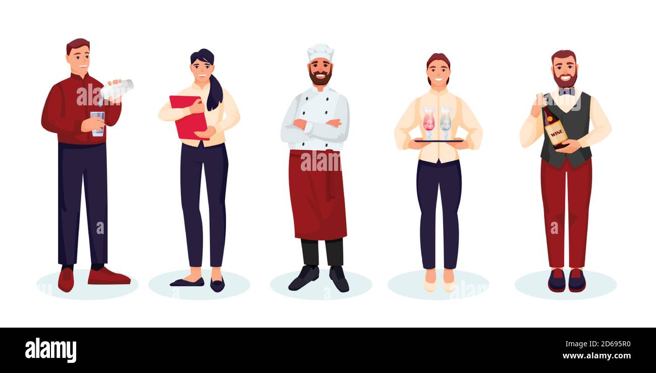 Restaurant staff team, isolated on white background. Vector flat illustration. Men and women professional catering workers. Waiters, chef, bartender a Stock Vector