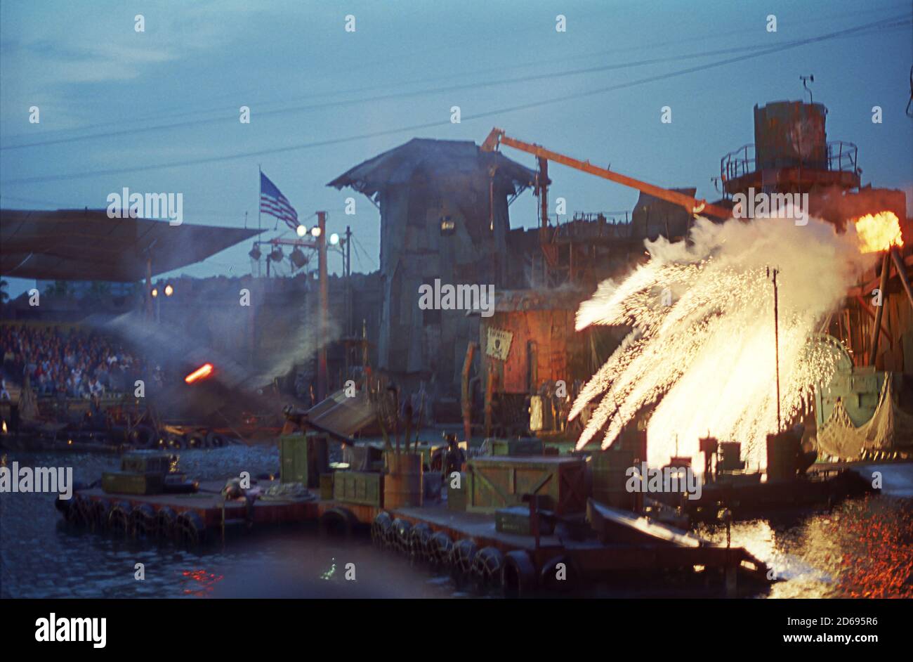 Waterworld stunt show, Universal Studios, Los Angeles, California, USA. Film photograph, circa