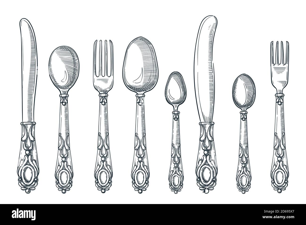 Table silver vintage cutlery. Vector hand drawn sketch illustration. Silverware spoon, knife and fork design elements, isolated on white background. K Stock Vector