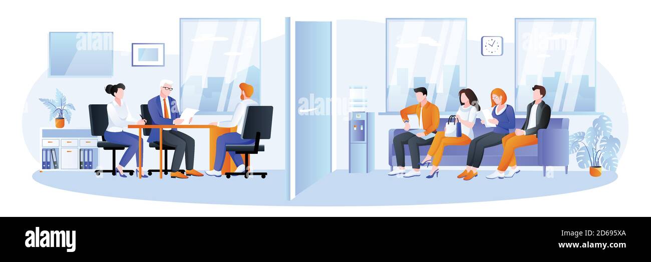 Meeting and communications with job candidates and office interview. Recruitment, hiring and conclusion of labor contract business concept. Vector ill Stock Vector