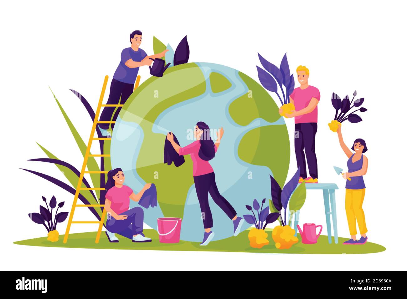 People take care of green Earth planet. Vector flat cartoon illustration for Save the Earth Day. Environment, ecology, nature protection abstract conc Stock Vector