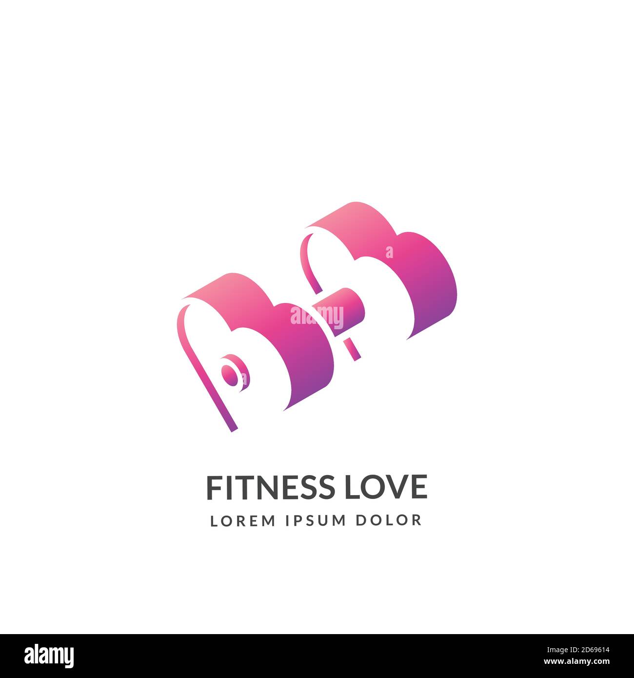 Fitness and gym, vector logo sign or emblem design template, isolated on white background. Female pink heart shape dumbbell, isometric icon. Girl and Stock Vector