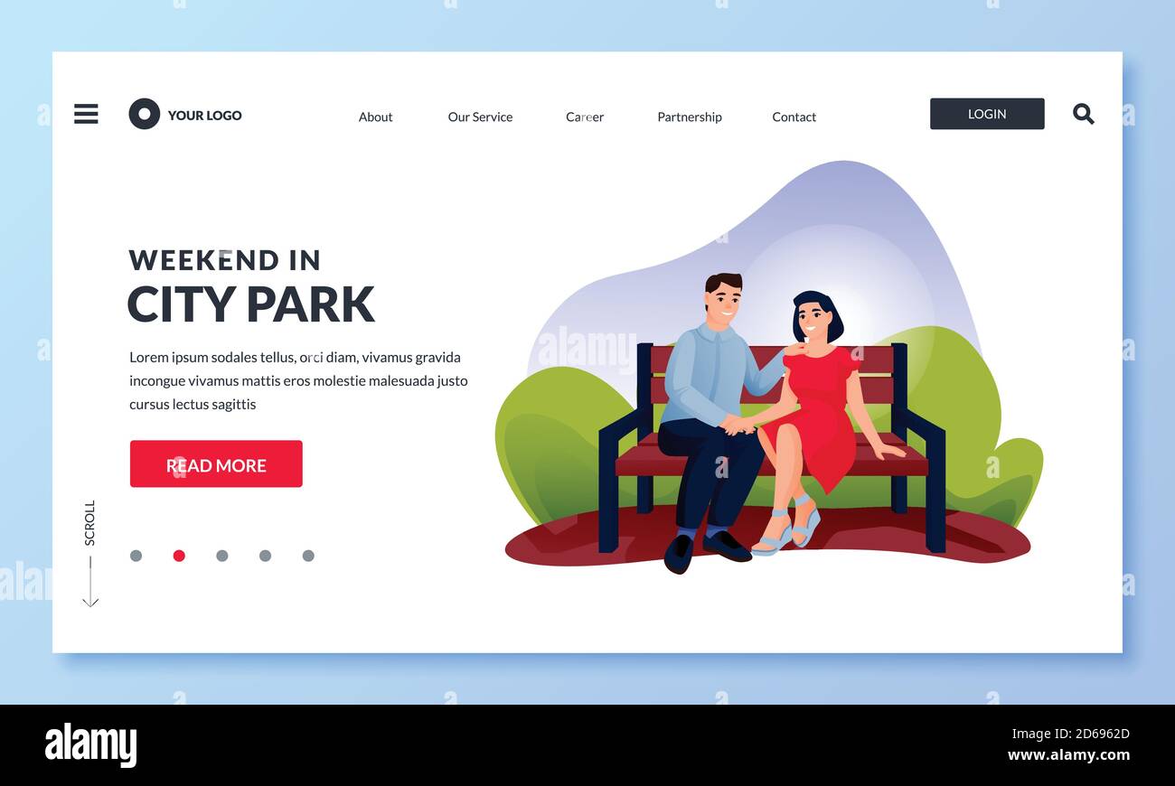 Happy couple sitting together on bench in green park. Vector flat ...