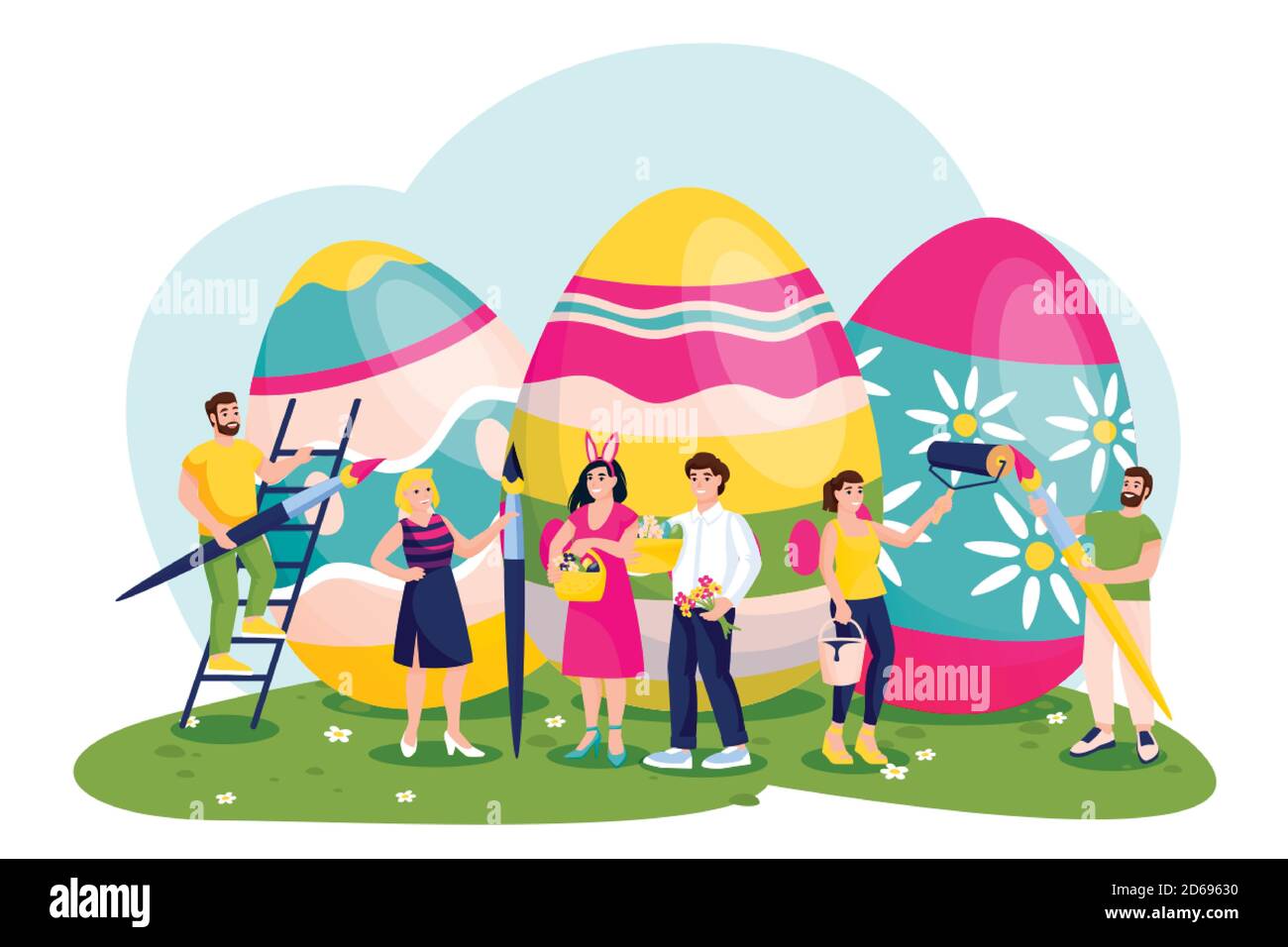 Celebrating Easter. Vector flat cartoon illustration of happy people painting Easter eggs. Traditional spring holidays design elements and characters. Stock Vector