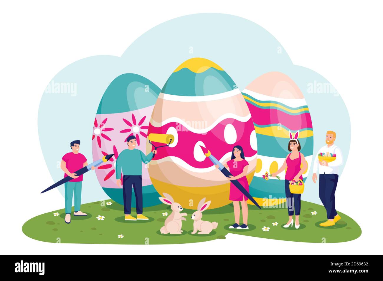 Happy people celebrating Easter and painting Easter eggs. Vector flat cartoon illustration. holiday family creative workshop concept. Traditional spri Stock Vector