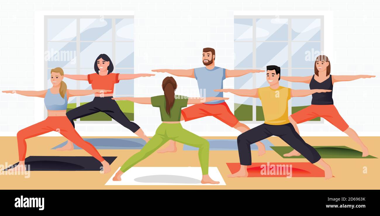 Young women and men practicing yoga exercise and meditation with instructor in modern studio. Vector flat cartoon characters illustration. Concept of Stock Vector