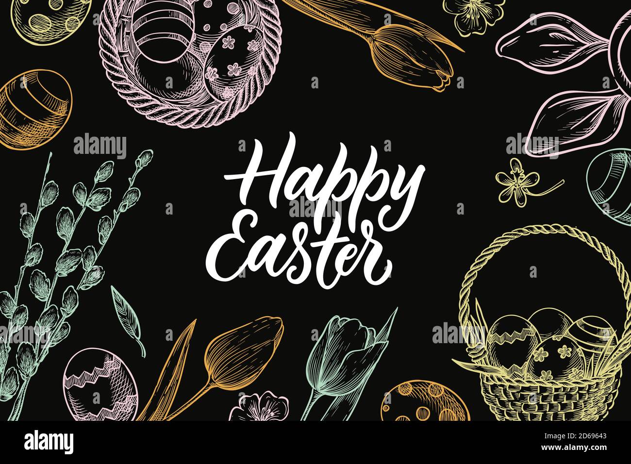 Happy Easter calligraphy lettering. Vintage banner, poster, invitation or greeting card design. Chalk sketch vector illustration. Spring holiday paste Stock Vector