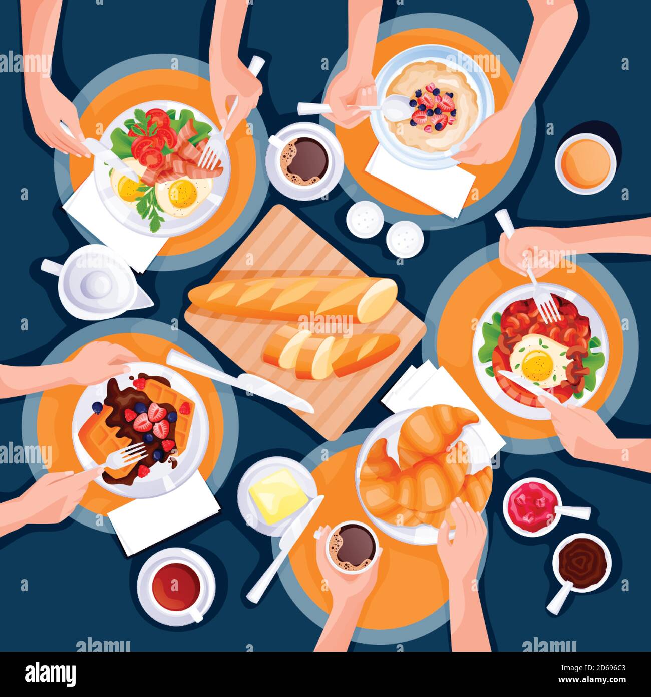 People have breakfast. Top view flat cartoon illustration of brunch meal. Eggs, coffee, waffles, oatmeal porridge, croissant and tea cups on table. Mo Stock Vector