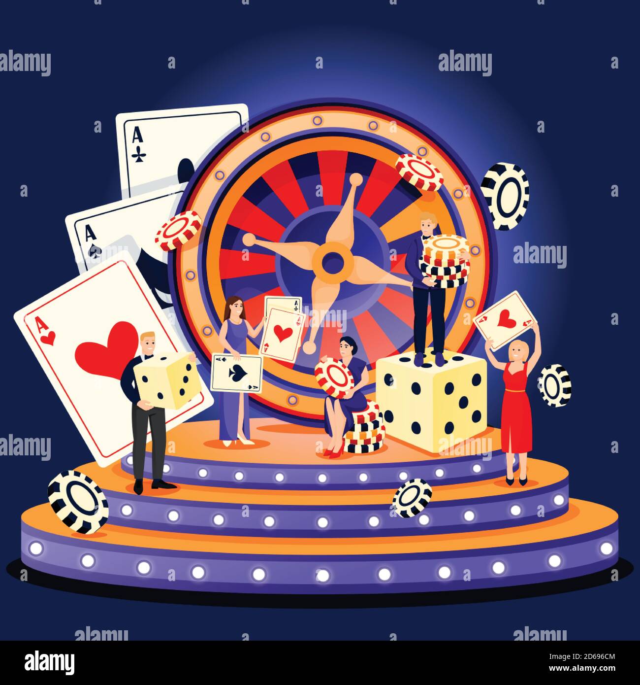 Casino roulette and gambling games concept. People with poker chips and dice. Vector flat cartoon characters illustration. Men in tuxedos, women in ev Stock Vector
