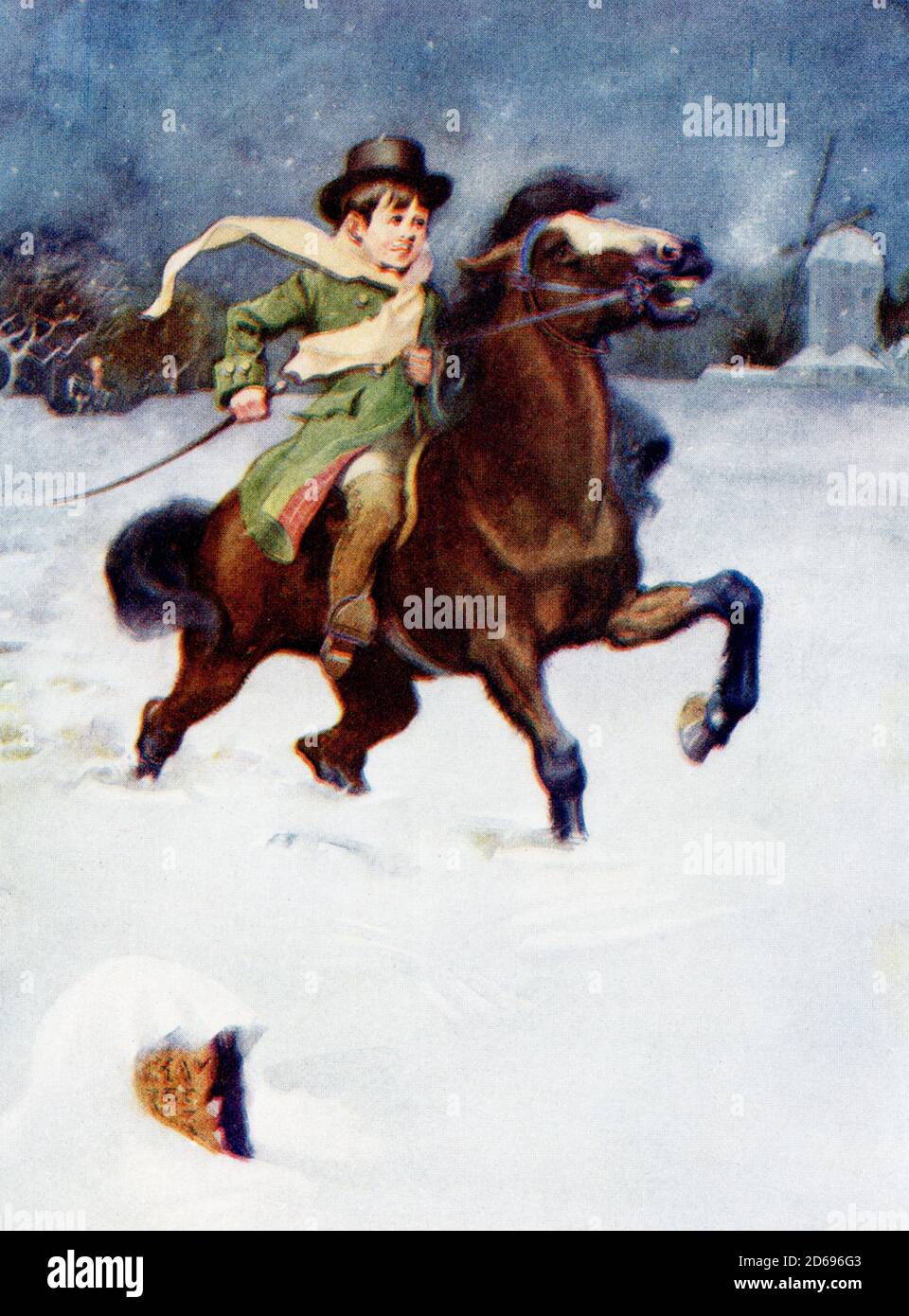 The caption of the 1917 illustration reads: Horatio Nelson and his pony struggled on riding to school. Nelson was born in 1758 in Norfolk, England. At the Battle of Trafalgar in 1805 (part of the Napoleonic Wars), British Admiral Horatio Nelson was aboard the vessel Victory, whose Captain was Thomas Hardy. Nelson struck by a bullet that entered his left shoulder, pierced his lung, and settled at the bottom of his spine. He died soon after. The British won the battle. Stock Photo