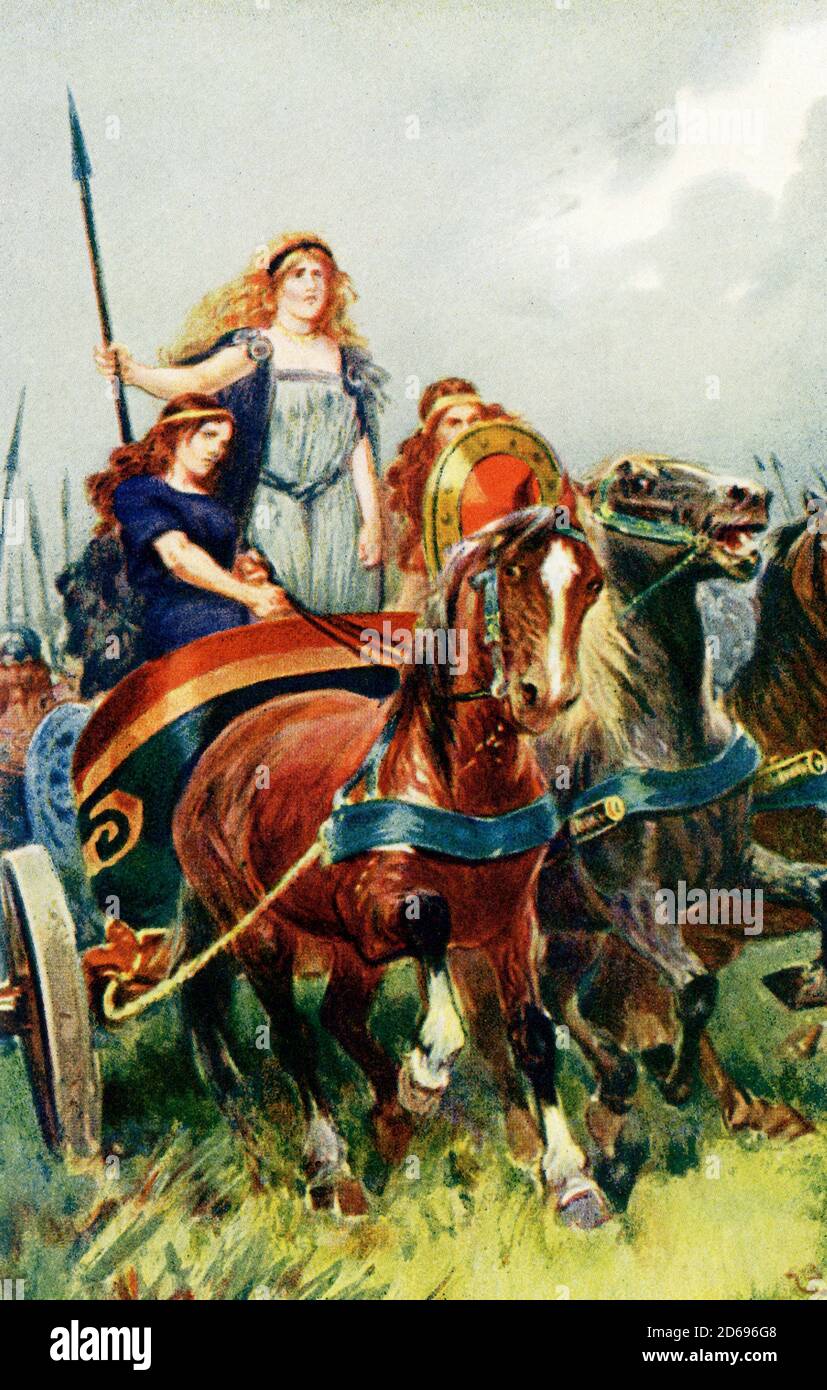 Spear in hand: Boudicea led the attack—so reads the caption. Boudica (also spelled Boudicca, Boudicea, Boadicea,) led her people, the Iceni, and others in rebellion against Roman overlords. She died in 61 A.D. Stock Photo