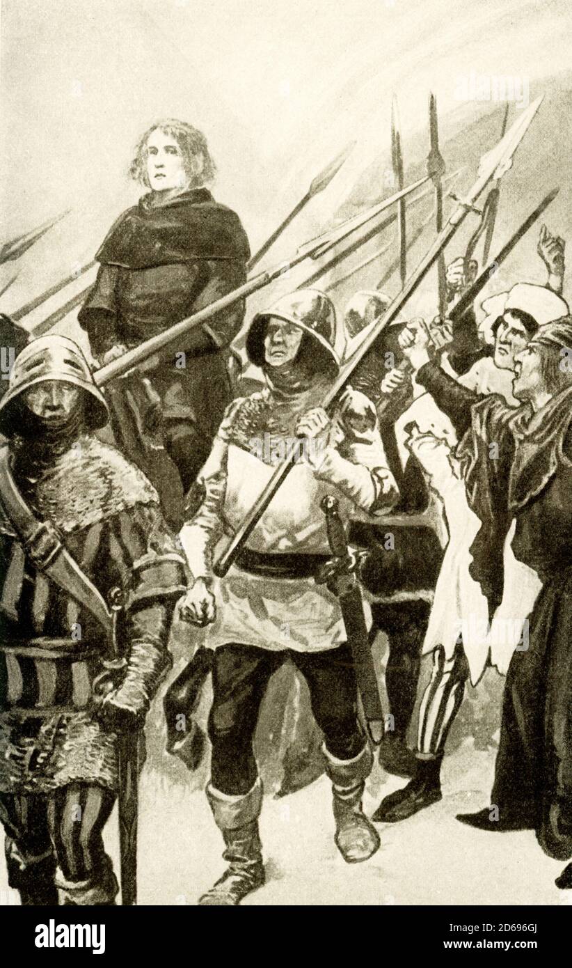 This 1917 illustration shows Wallace taken to London in Chains. Sir William Wallace promoted active resistance to the rule of King Edward I in Scotland after Edward forced the abdication and usurpation of the crown of John Balliol. Following defeat at the Battle of Falkirk on July 22, 1298, Wallace went to France where he attempted to gain French support for rebellion in Scotland but the effort proved ultimately futile and Wallace, back in Britain but refusing to submit to English rule, remained on the run. He was captured on August 5, 1305, by Sir John Monteith near Glasgow. Taken to Carlisle Stock Photo