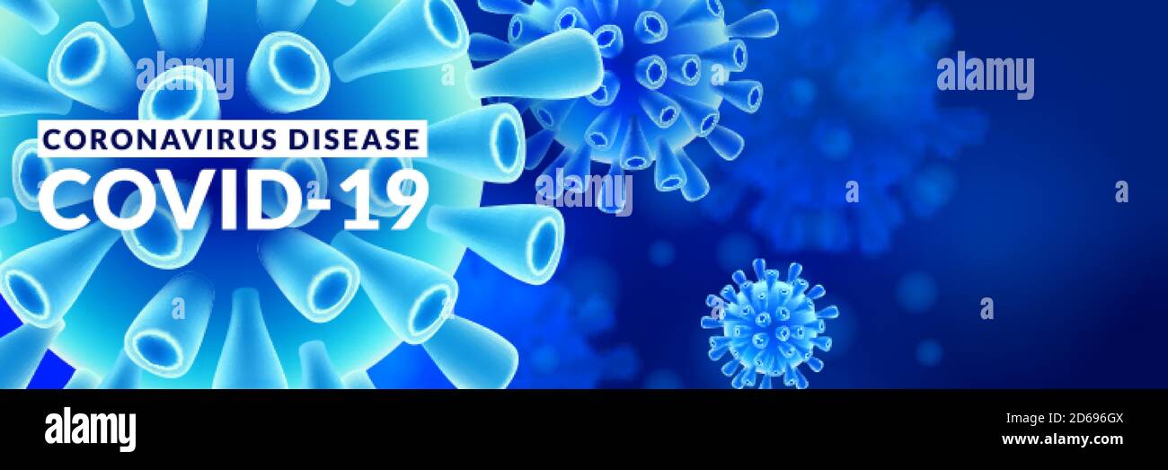 Coronavirus abstract background with copyspace. COVID-19 infection epidemic concept. Vector 3d abstract viruses illustration. Horizontal glowing blue Stock Vector