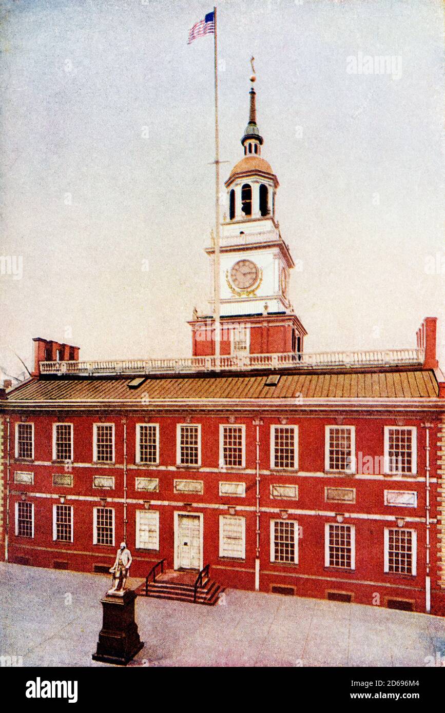 This 1917 illustration shows Independence Hall in Philadelphia. Independence Hall is the building where both the United States Declaration of Independence and the United States Constitution were debated and adopted. It is now the centerpiece of the Independence National Historical Park in Philadelphia, Pennsylvania. Stock Photo