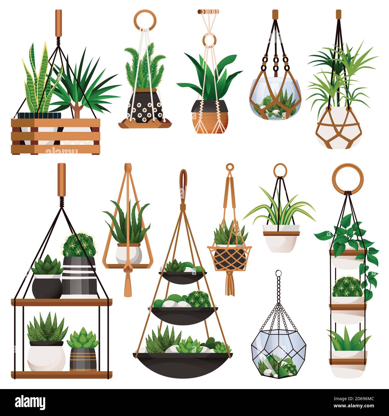 House plants in hanging macrame pots, isolated on white background. Vector flat cartoon illustration of green potted houseplants. Home scandinavian in Stock Vector
