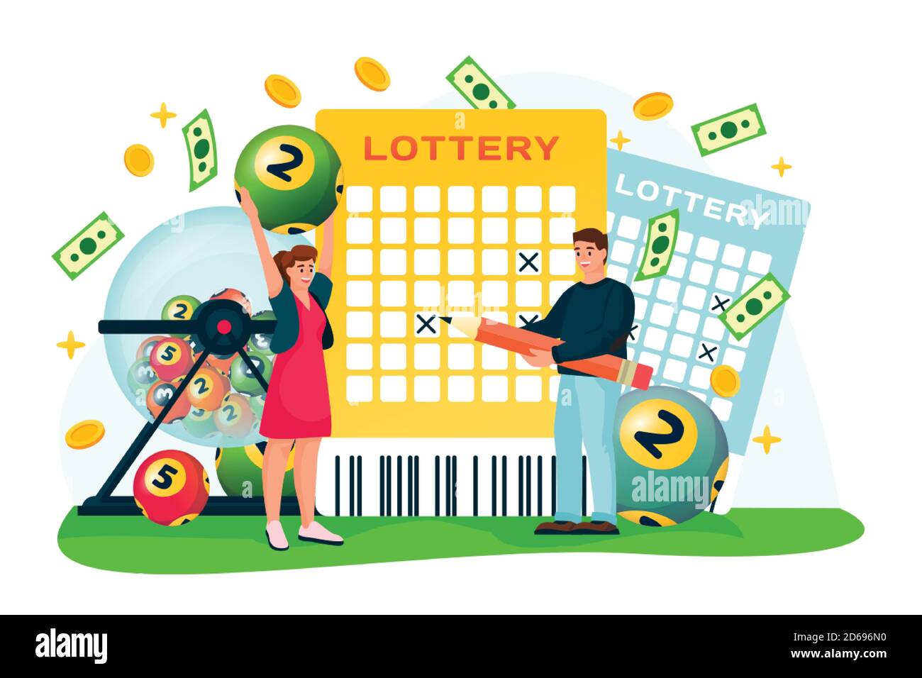 Cheerful couple win money in bingo lottery. Vector flat cartoon illustration, isolated on white background. Casino or gambling games concept. Man and Stock Vector