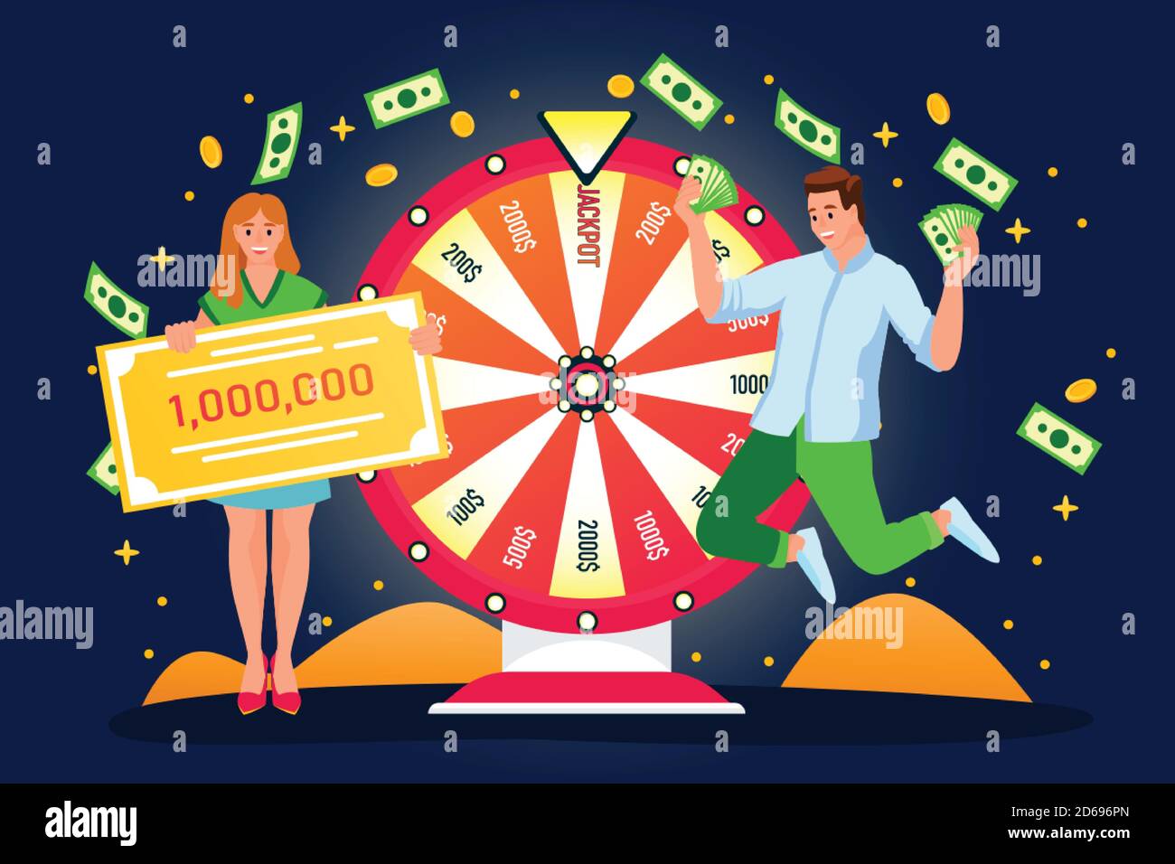 Happy couple win jackpot in lottery. Vector flat cartoon illustration.  Lucky man and woman have won money prize in fortune wheel. Casino or  gambling g Stock Vector Image & Art - Alamy