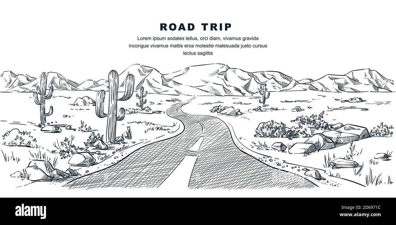 Desert and mountains road landscape. Vector vintage sketch illustration. Nature environment calm scene. Outdoor adventures and travel hand drawn backg Stock Vector