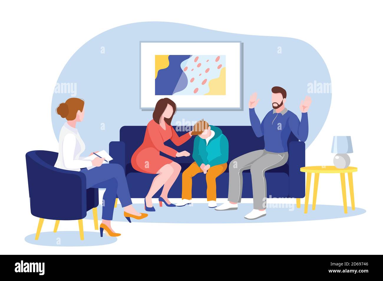 Young family with teenage boy in office of family therapist or psychologist. Vector flat cartoon illustration. Psychotherapy, psychological counseling Stock Vector