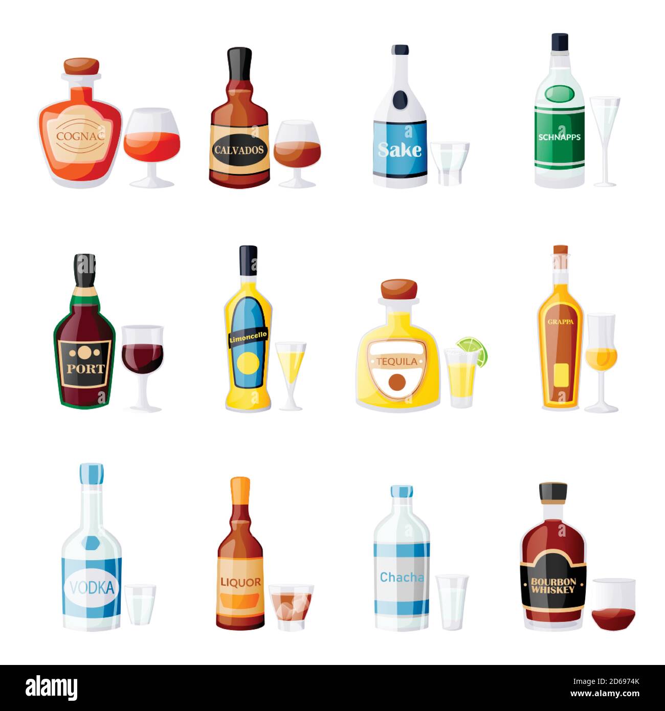 Alcohol drink bottles and glasses. Vector flat cartoon isolated illustration. Bar menu design elements. Liquor, bourbon, wine, tequila, port icons set Stock Vector