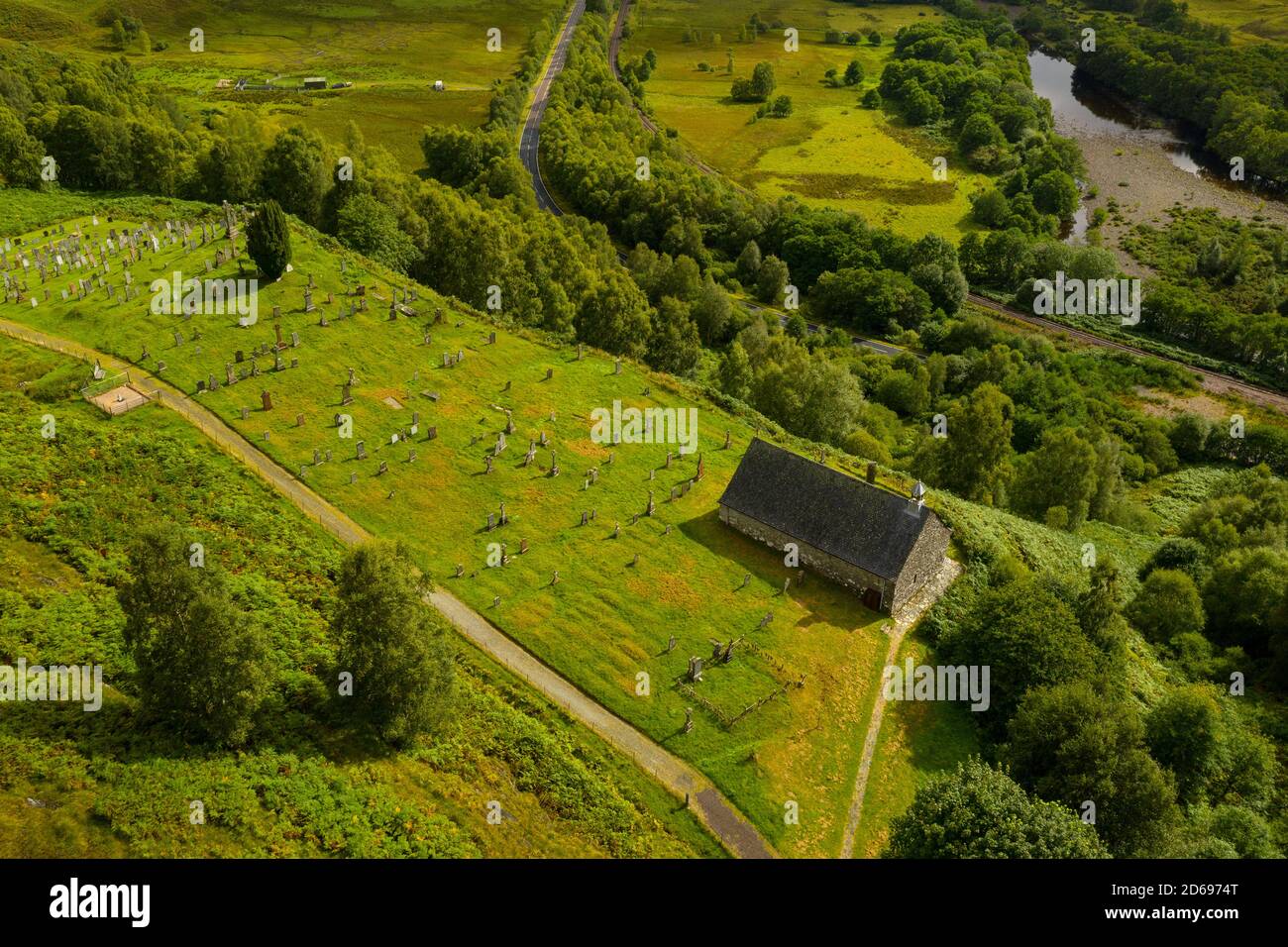 An aerial view of Cille Choirill, which is a 15th-century Roman Catholic church situated in Glen Spean in Lochaber, Scotland. Stock Photo