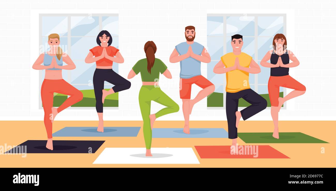 Yoga class vector flat cartoon illustration. Young women and men practicing yoga exercise and meditation with instructor in modern studio. Concept of Stock Vector