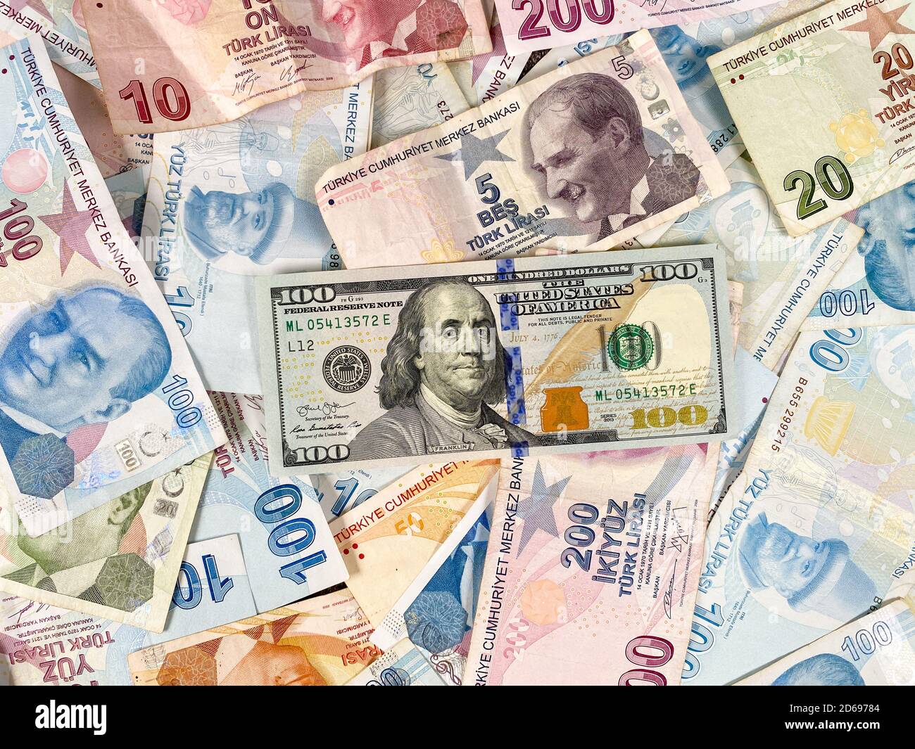 Turkish Liras and one hundred American Dollar. Turkish lira depreciates against the US dollar Stock Photo