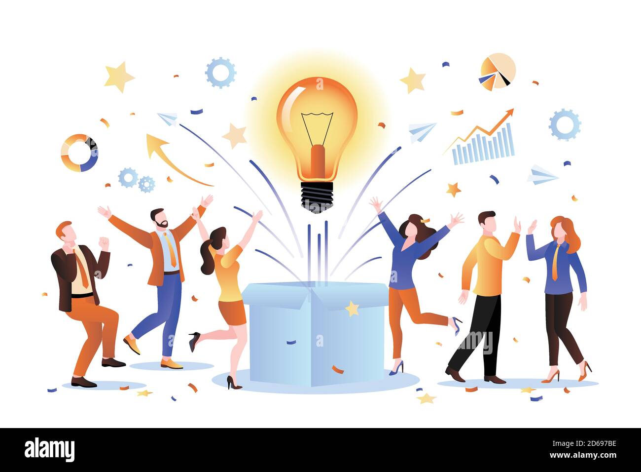 Team idea and business startup concept. Vector flat cartoon illustration. Group of creative people invents innovative successful solution. Stock Vector