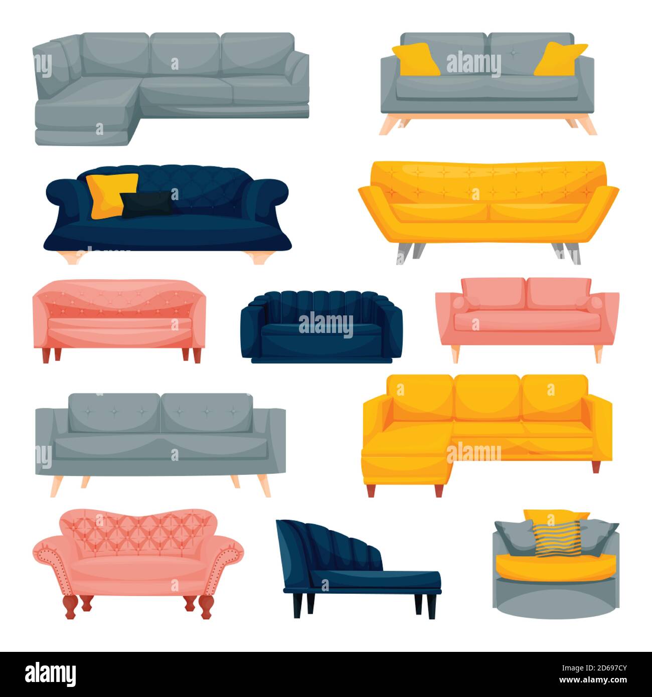 Modern sofa and couch set, isolated on white background. Apartment interior  furniture design elements. Home and office divan icons. Vector flat cartoo  Stock Vector Image & Art - Alamy