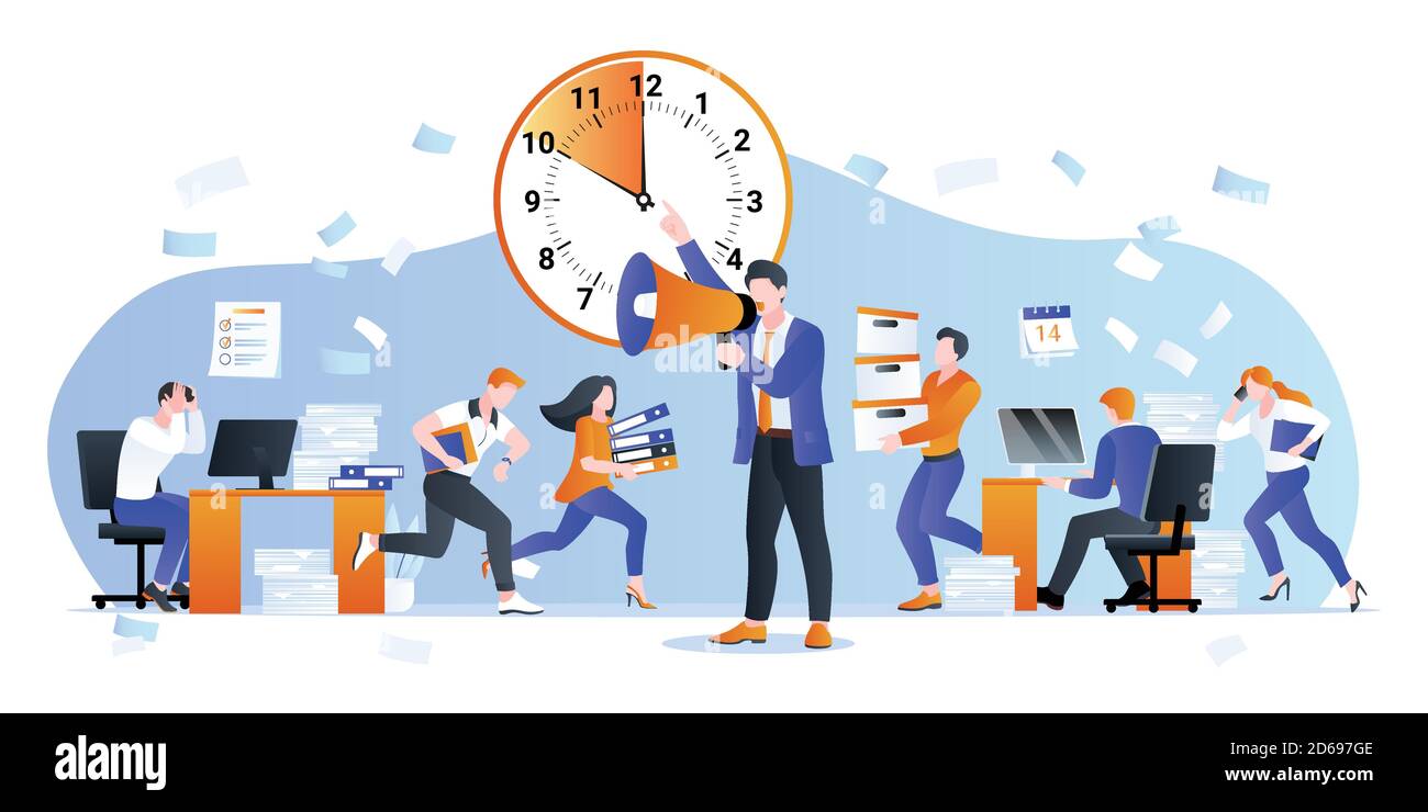 Project deadline and overtime working business concept. Vector flat cartoon characters illustration. CEO manager pressures office employees. Unorganiz Stock Vector