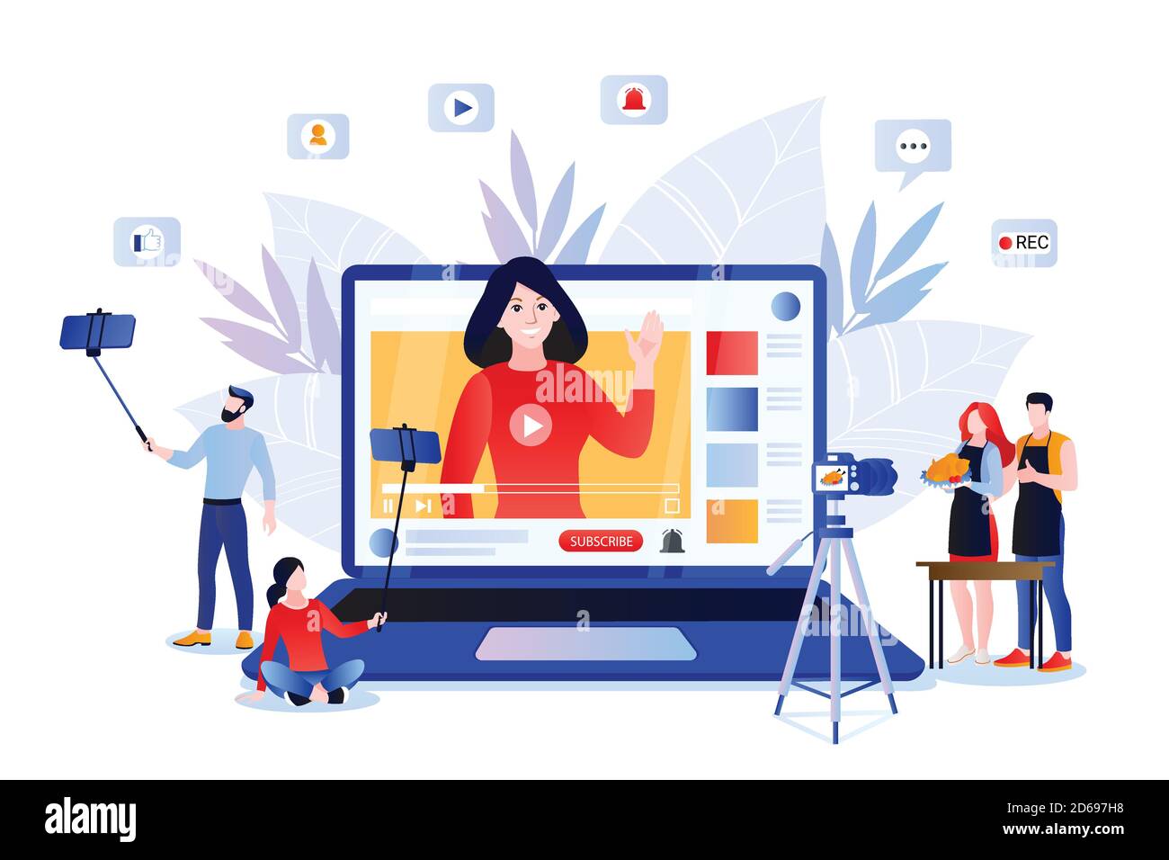 Vlog and trendy video content creation for social networks. Vector flat cartoon illustration of lifestyle bloggers and influencers. Internet media mod Stock Vector