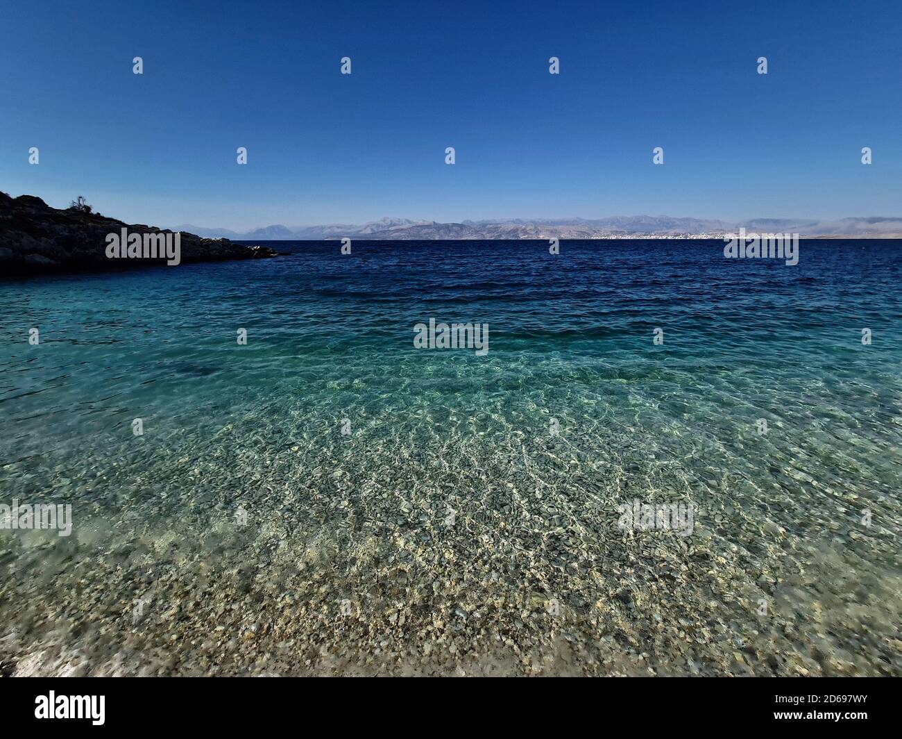 Bataria beach, overlooking Sarande in Albania, as seen from Kassiopi, Corfu, Greece. Saturday 05 September 2020 Stock Photo