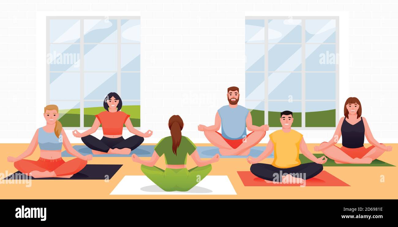 Yoga class vector flat cartoon illustration. People are sitting in lotus position on floor. Young women and men practicing yoga exercise and meditatio Stock Vector