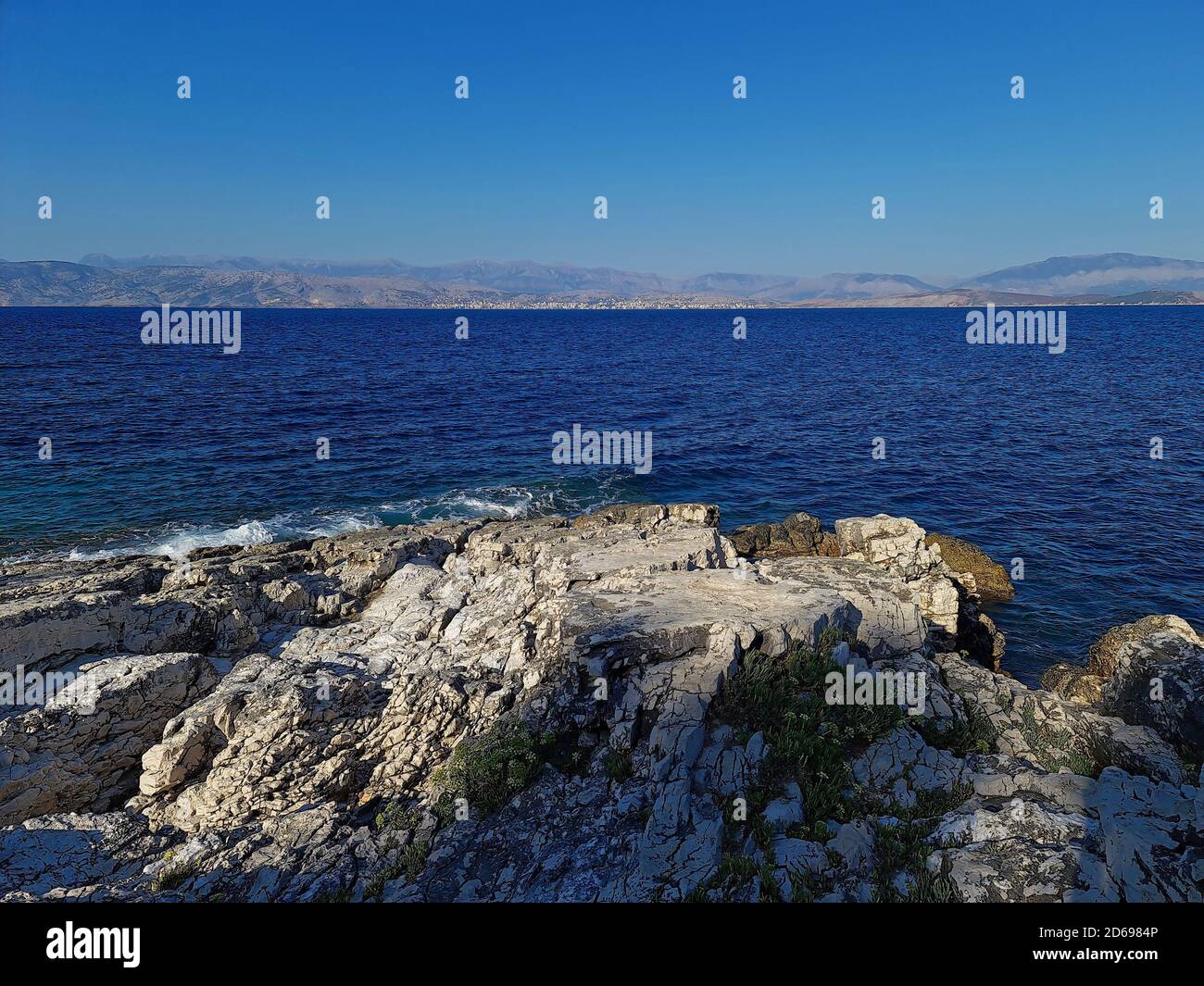 Bataria beach, overlooking Sarande in Albania, as seen from Kassiopi, Corfu, Greece. Saturday 05 September 2020 Stock Photo