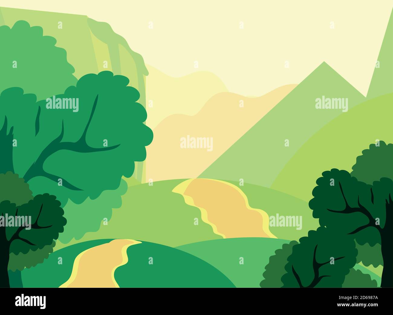 Vector Rural Hills landscape path rural hills trees foliage nature vector illustration ...
