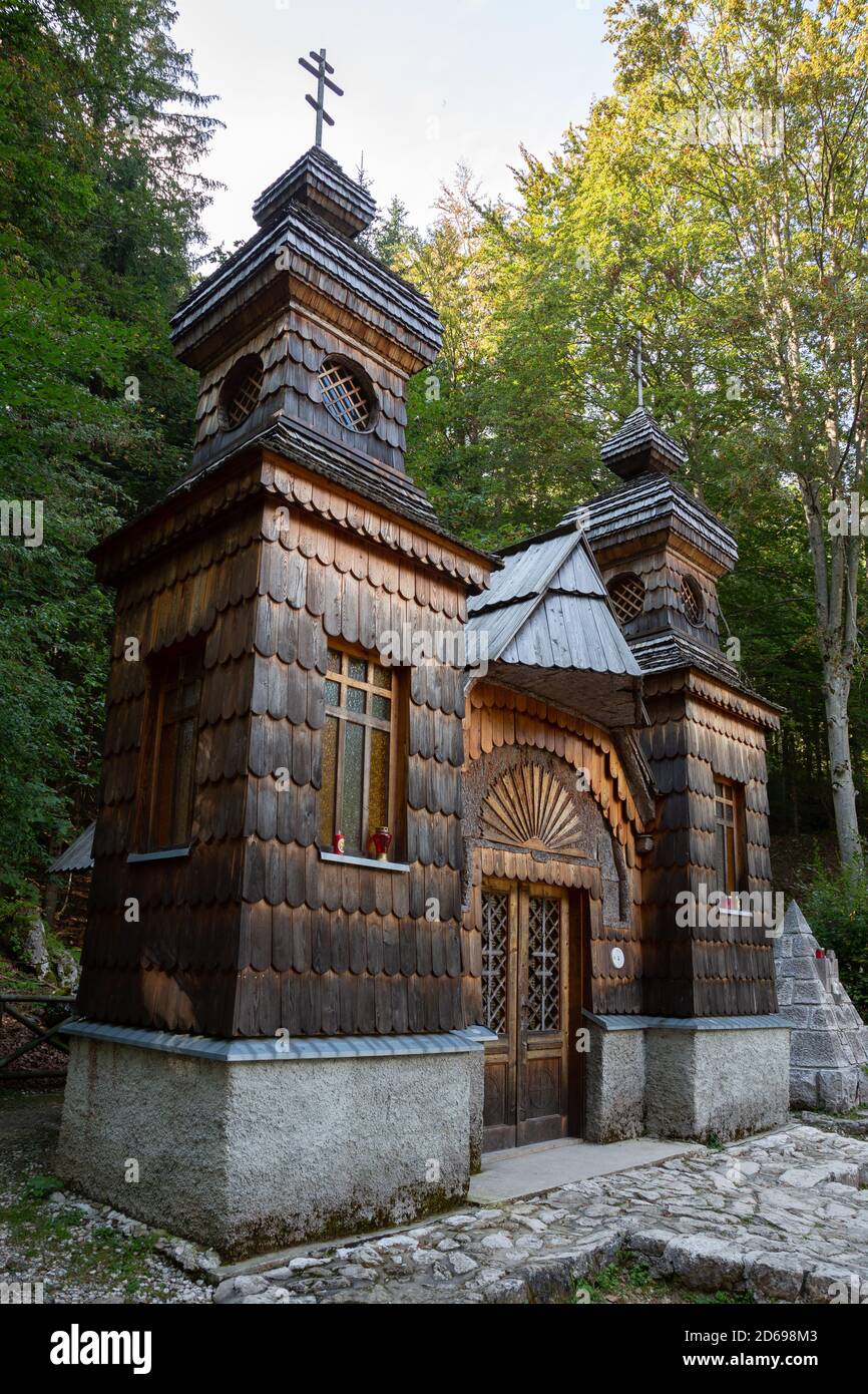 Russian chapel Ruska kapelica on Vrsic pass road in Slovenia Stock Photo