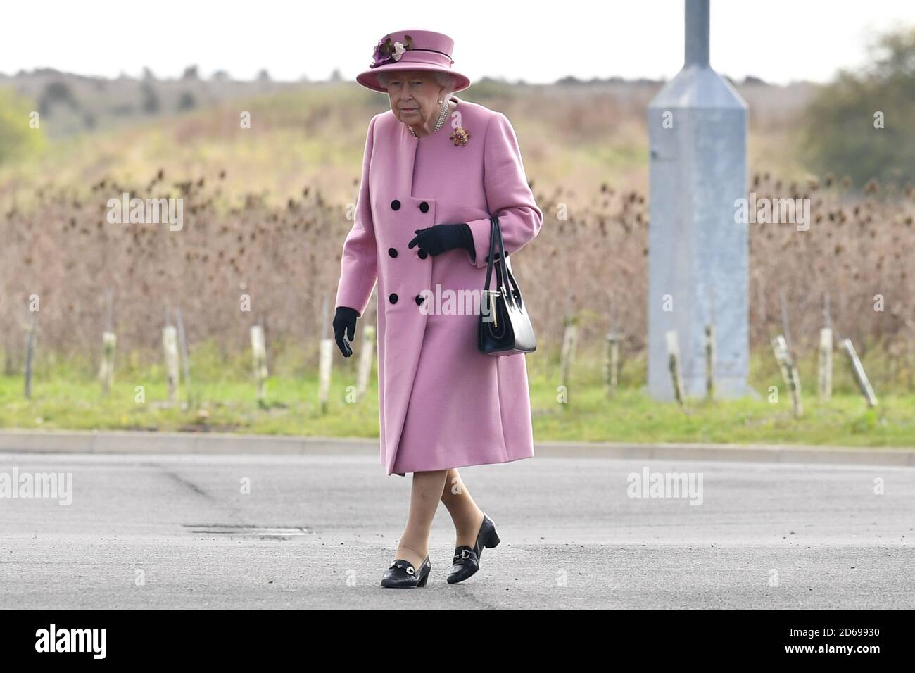 Britain's Queen Elizabeth arrives at the Energetics Analysis Centre during a visit to Dstl at Porton Science Park near Salisbury, Britain October 15, 2020.  Ben Stansall/Pool via REUTERS Stock Photo