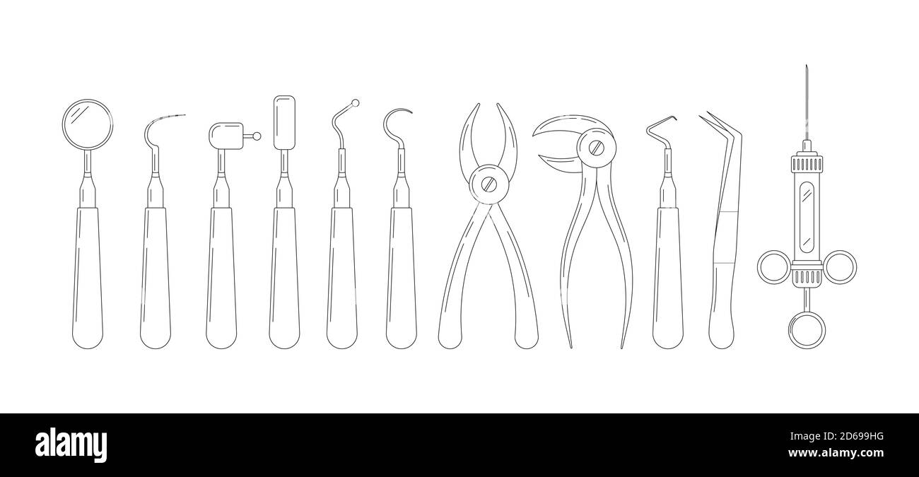 Dental tools line art icon set isolated on white background Stock