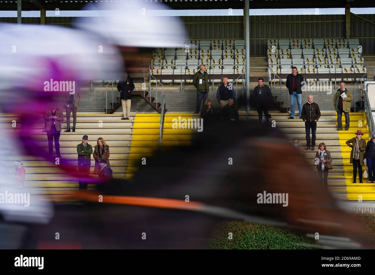 Celestial Force ridden by Harry Cobden passes the owners grandstand during The Bet At racingtv.com Novices' Hurdle at Wincanton Racecourse. Stock Photo