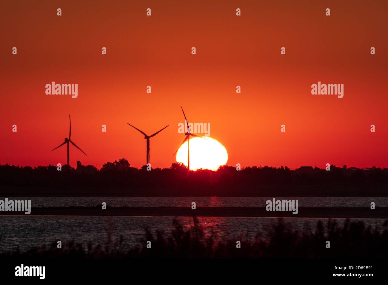 Wind generators farm silhouette on sea coast in sunrise red orange vibrant sky and big rising sun. Energy turbines sustainable industry Stock Photo
